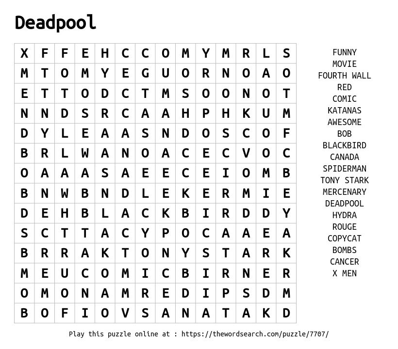 Word Search on Deadpool