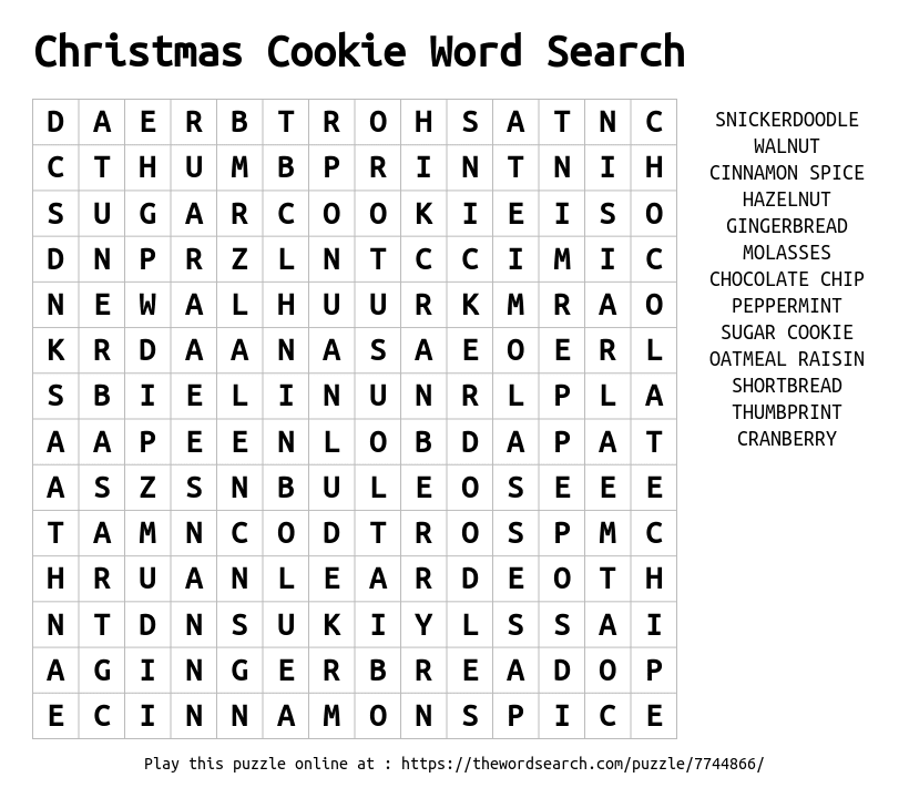 Word Search on Christmas Cookie Word Search