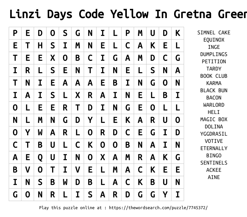 Word Search on Linzi Days Code Yellow In Gretna Green