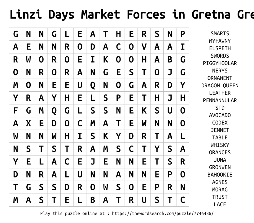 Word Search on Linzi Days Market Forces in Gretna Green