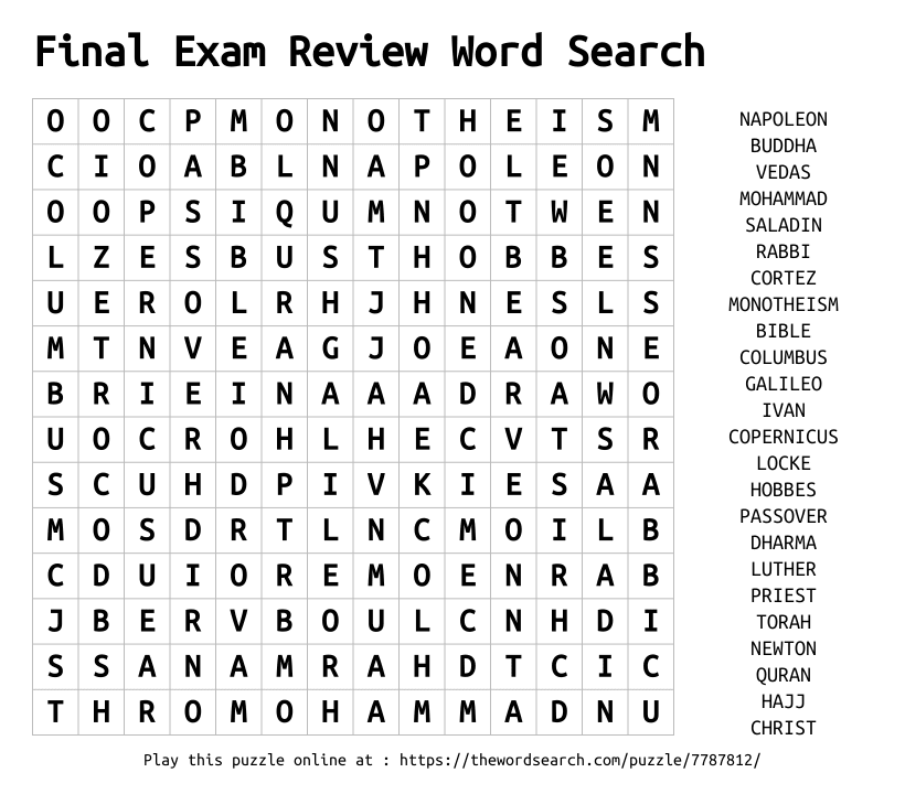 Word Search on Final Exam Review Word Search