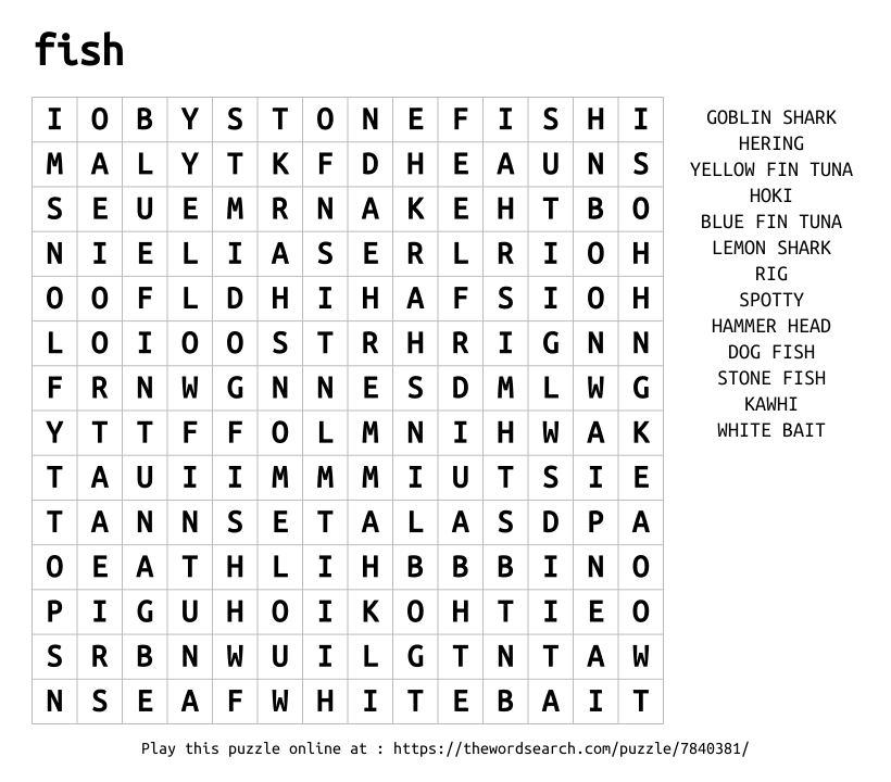Word Search on fish