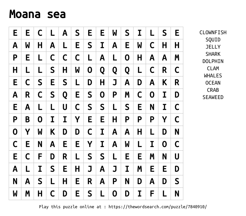 Word Search on Moana sea