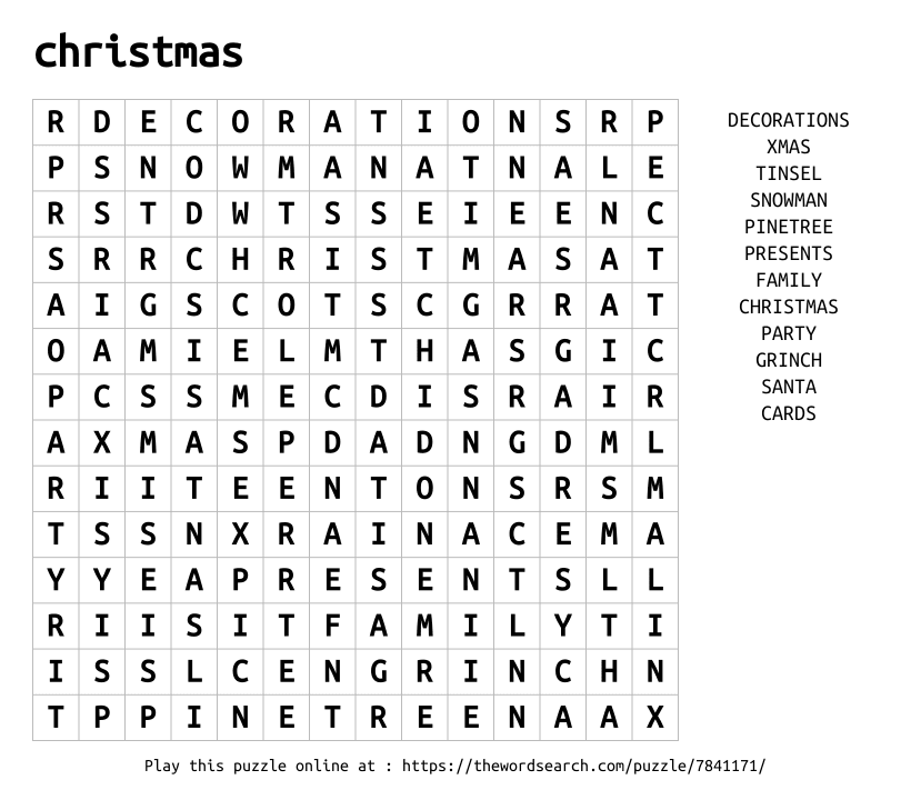Word Search on christmas