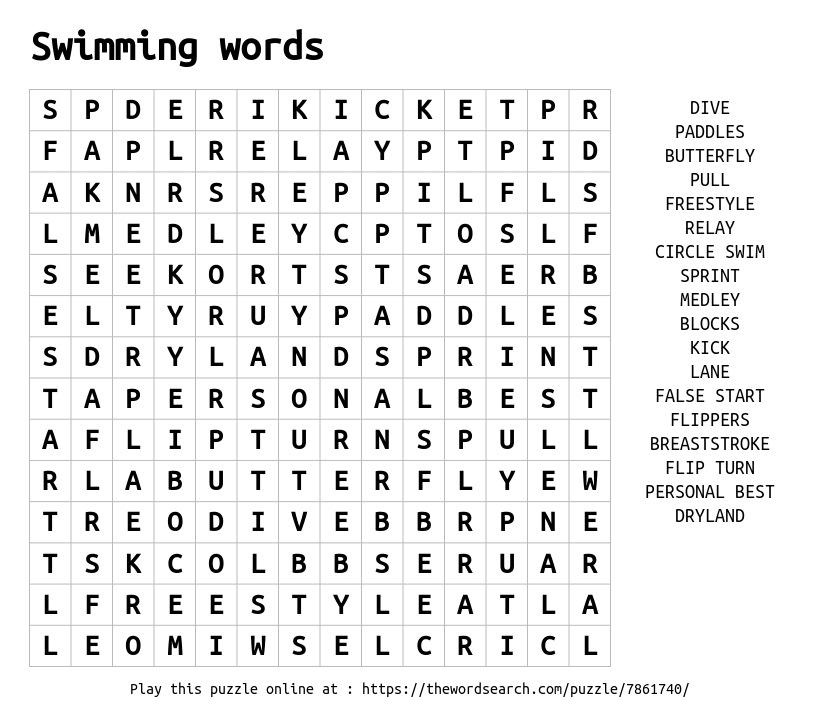 Word Search on Swimming words