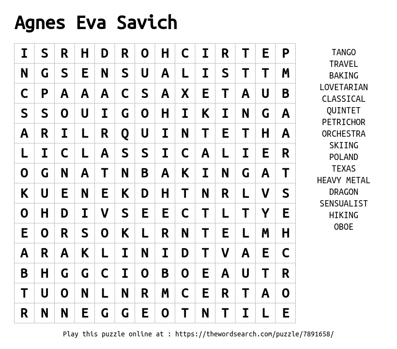 Word Search on Agnes Eva Savich