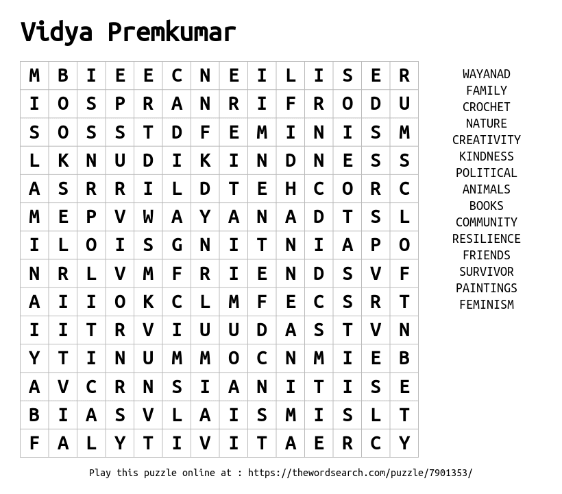 Word Search on Vidya Premkumar