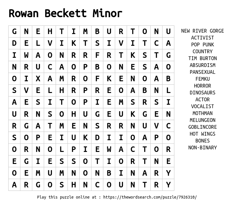 Word Search on Rowan Beckett Minor