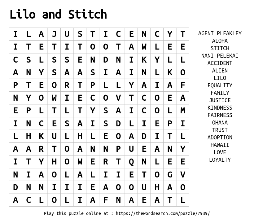 Lilo and Stitch Crossword Puzzle - WordMint