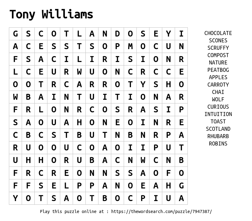 Word Search on Tony Williams