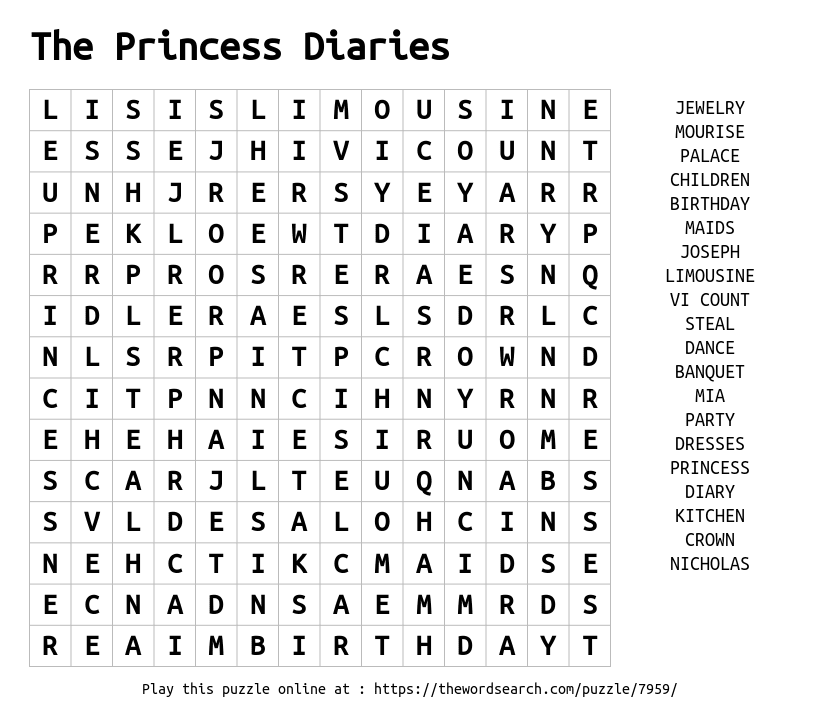 Word Search on The Princess Diaries