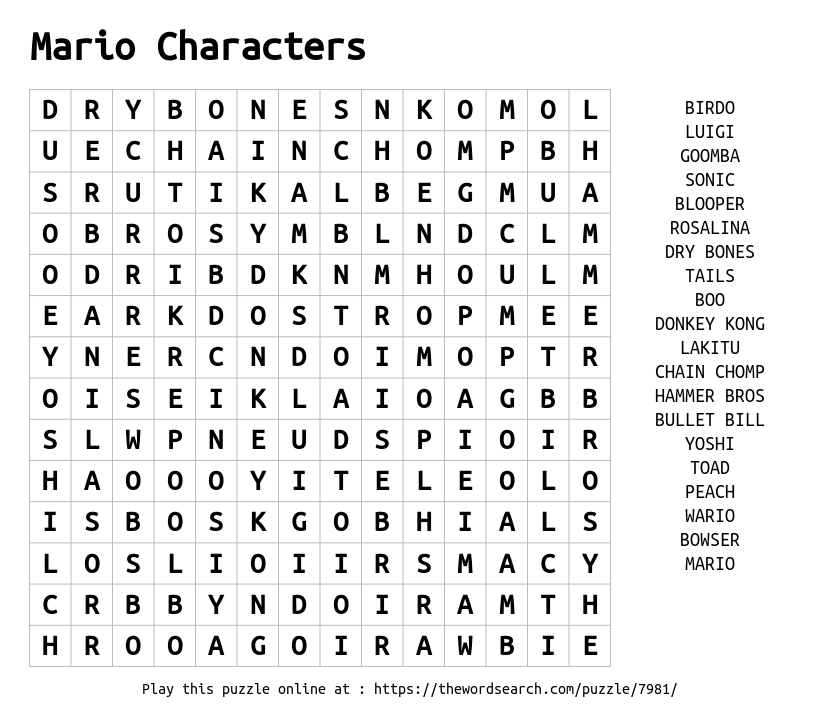 Word Search on Mario Characters