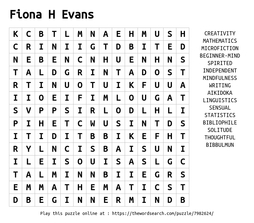 Word Search on Fiona H Evans