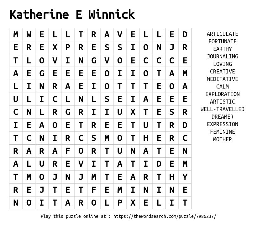 Word Search on Katherine E Winnick