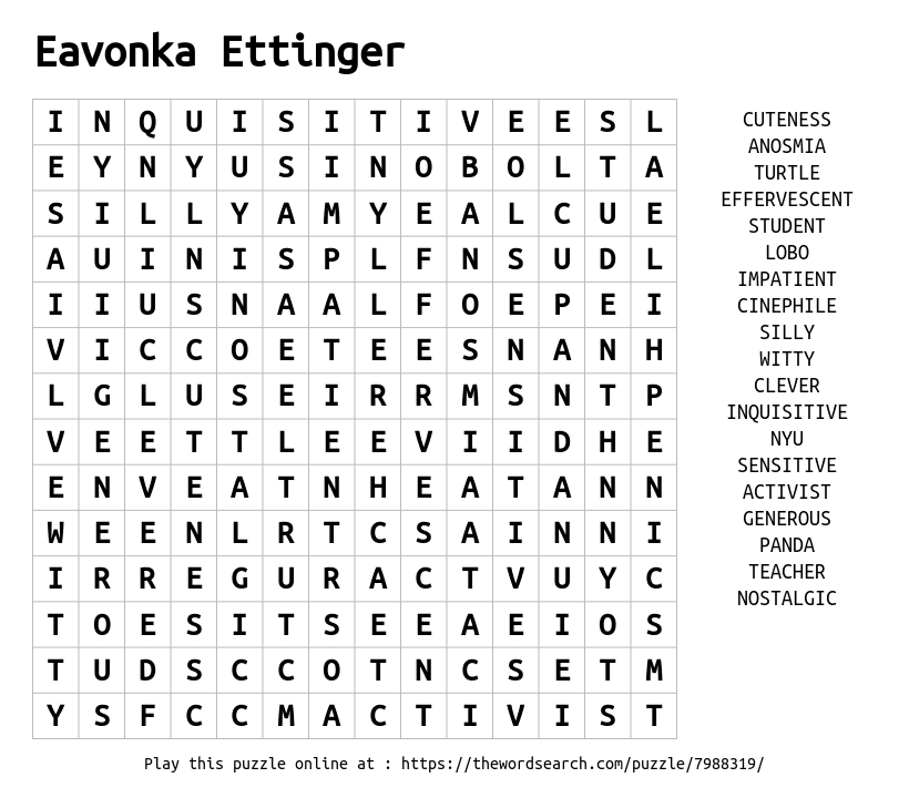 Word Search on Eavonka Ettinger