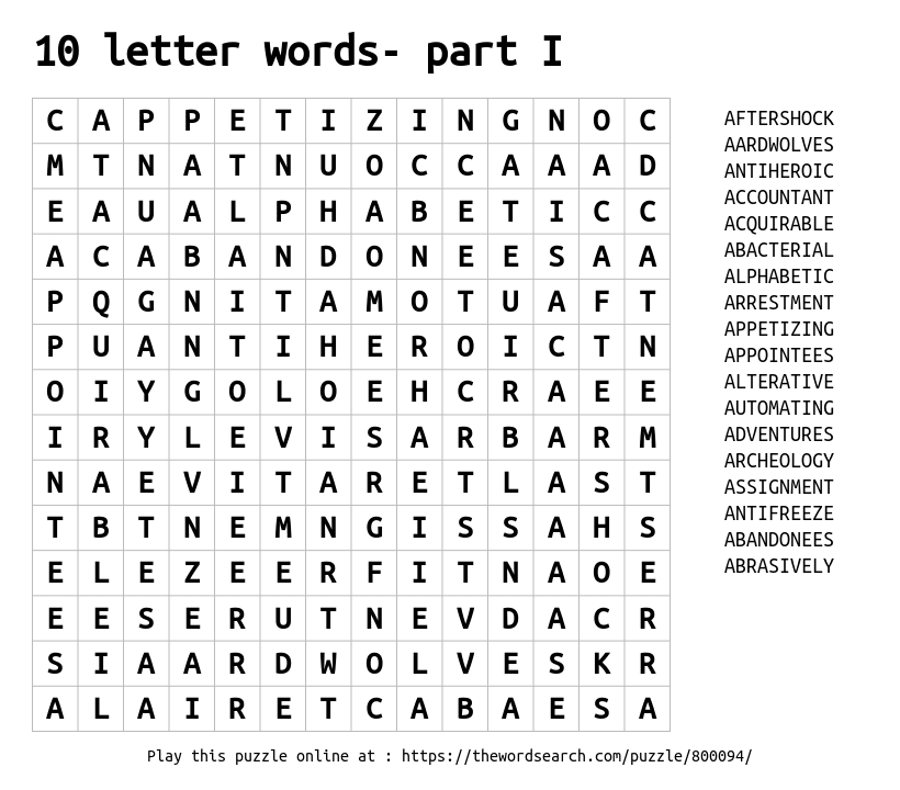 Word Search on 10 letter words- part I
