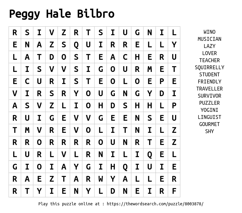 Word Search on Peggy Hale Bilbro