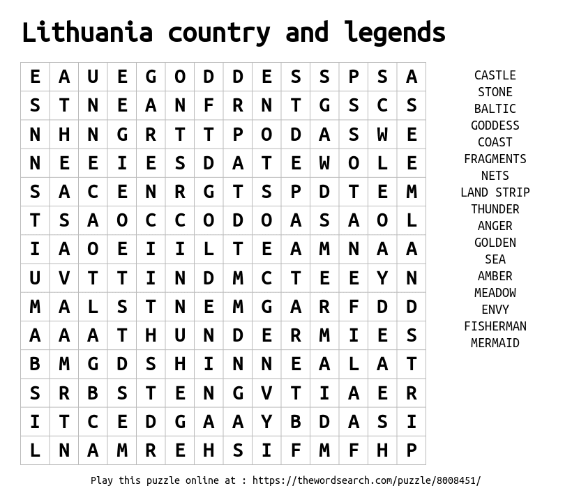 Word Search on Lithuania country and legends