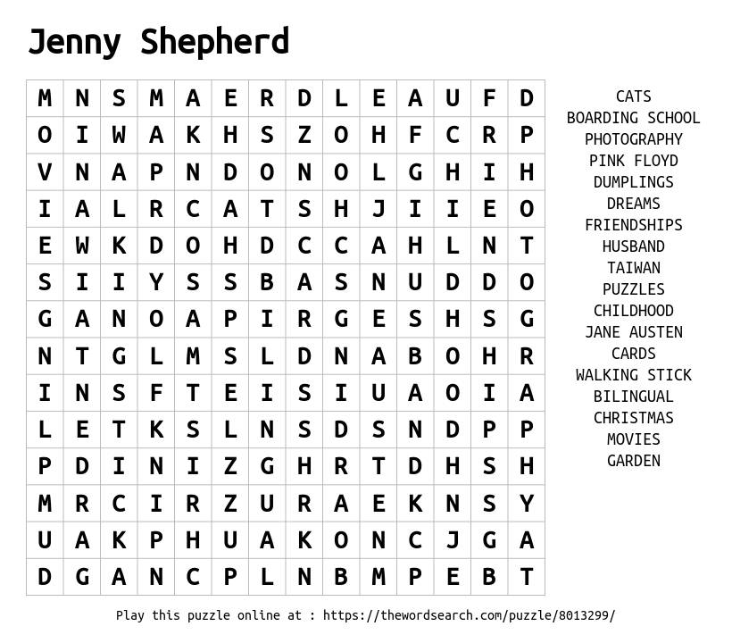 Word Search on Jenny Shepherd