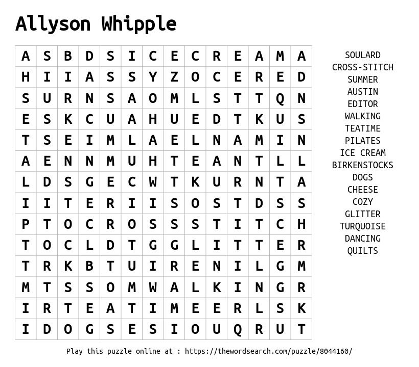 Word Search on Allyson Whipple