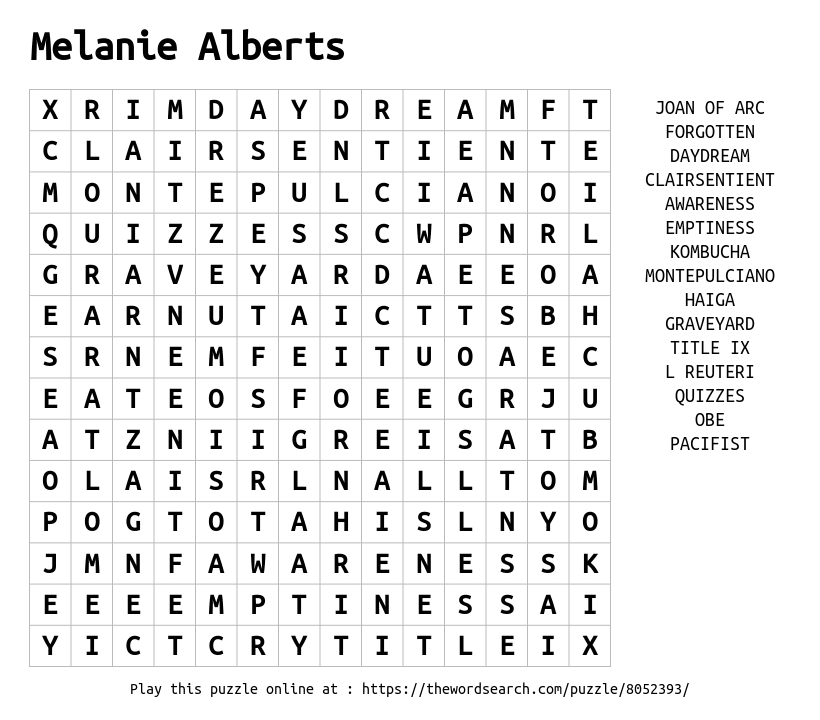Word Search on Melanie Alberts