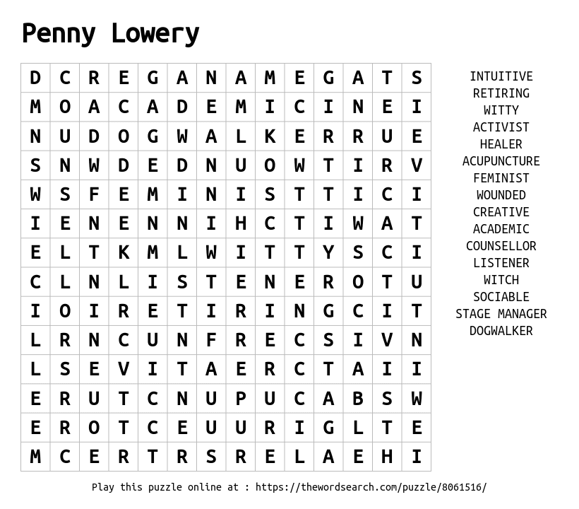 Word Search on Penny Lowery