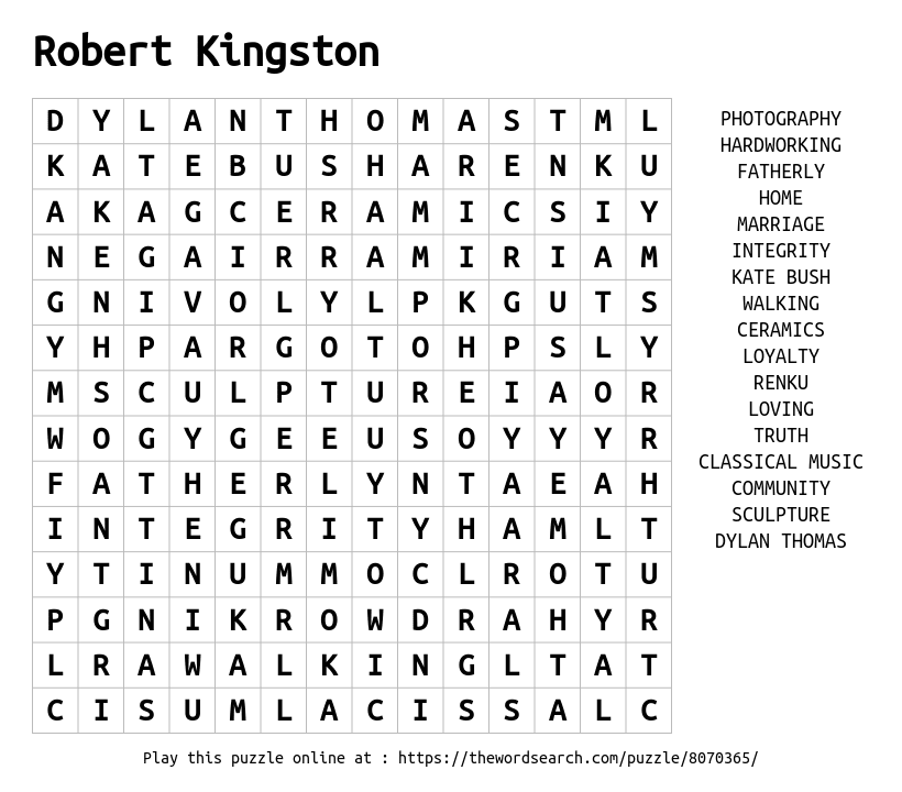 Word Search on Robert Kingston