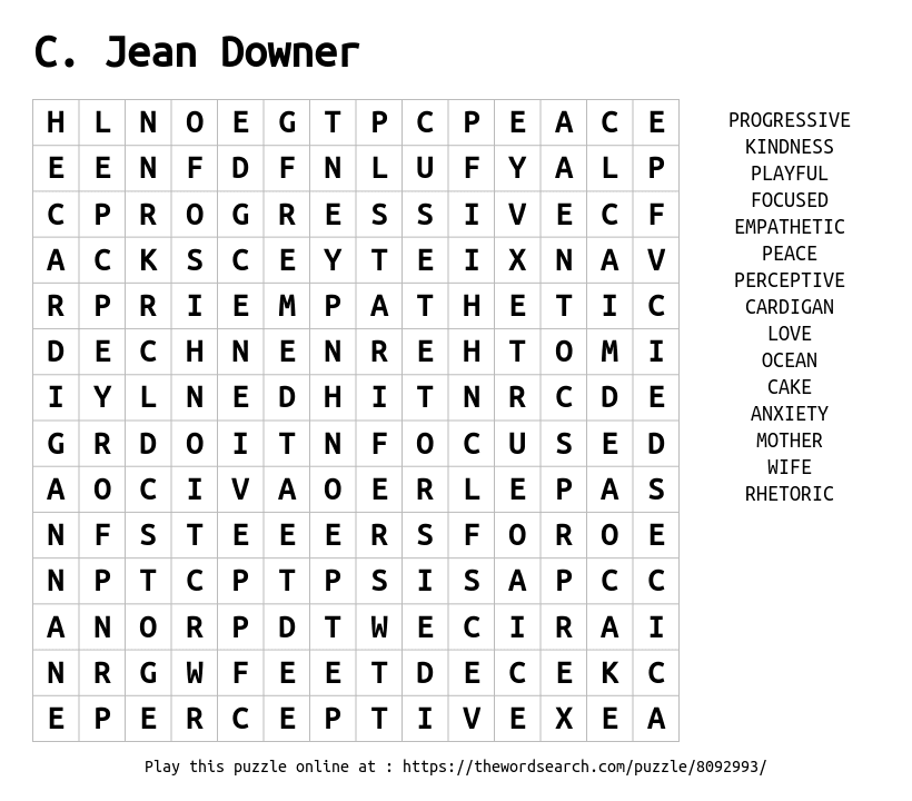 Word Search on C. Jean Downer