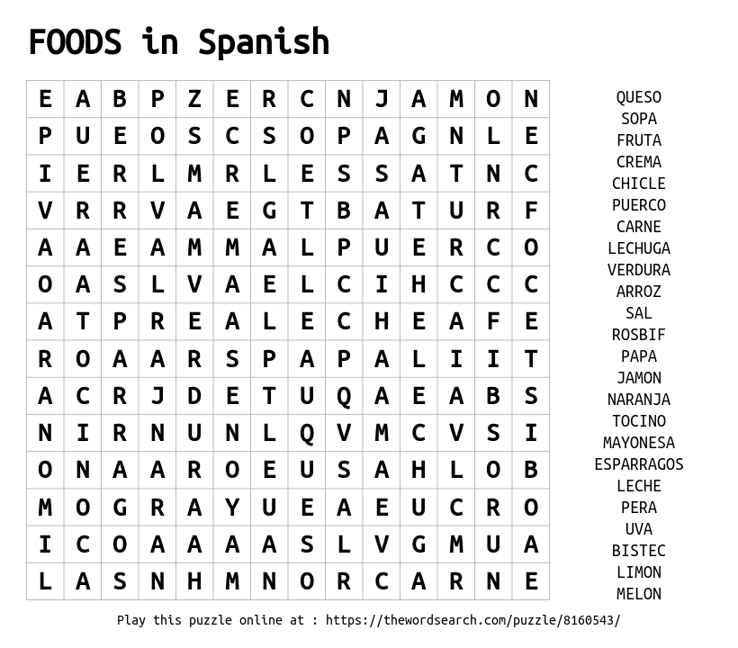 Word Search on FOODS in Spanish