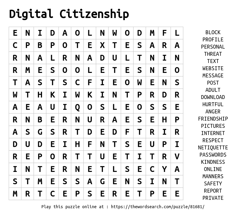 Digital Citizenship Word Search Answer Key