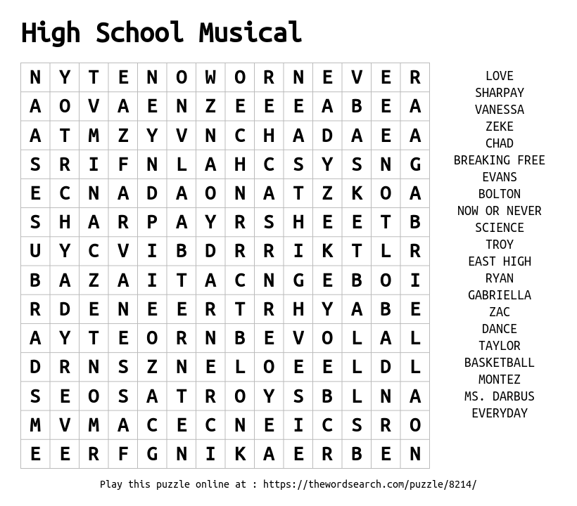 Download Word Search On High School Musical