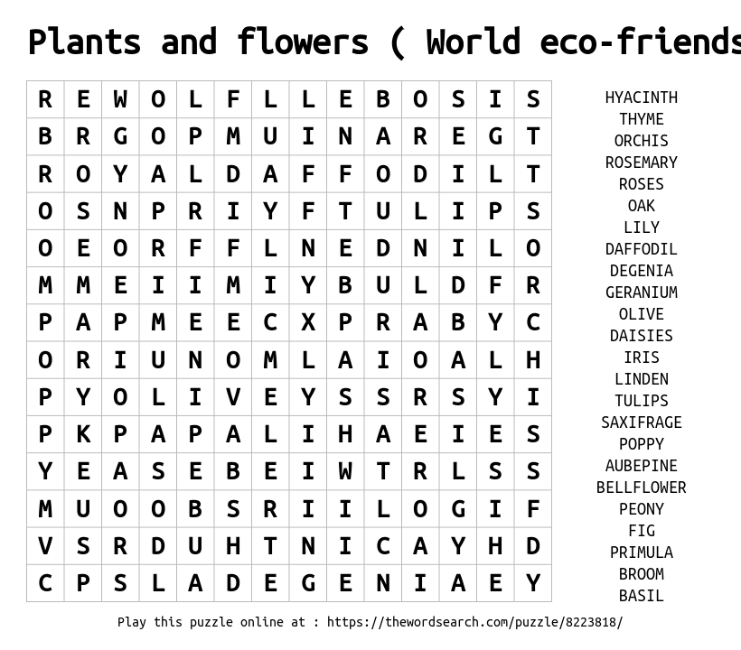 Word Search on Plants and flowers  ( World eco-friends)