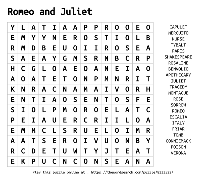 Word Search on Romeo and Juliet