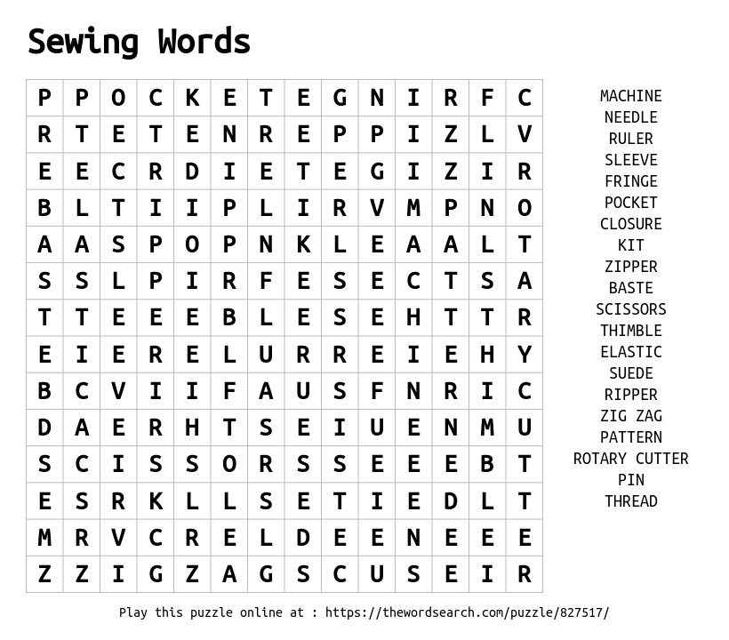 Word Search on Sewing Words