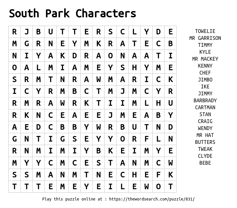 Word Search on South Park Characters 