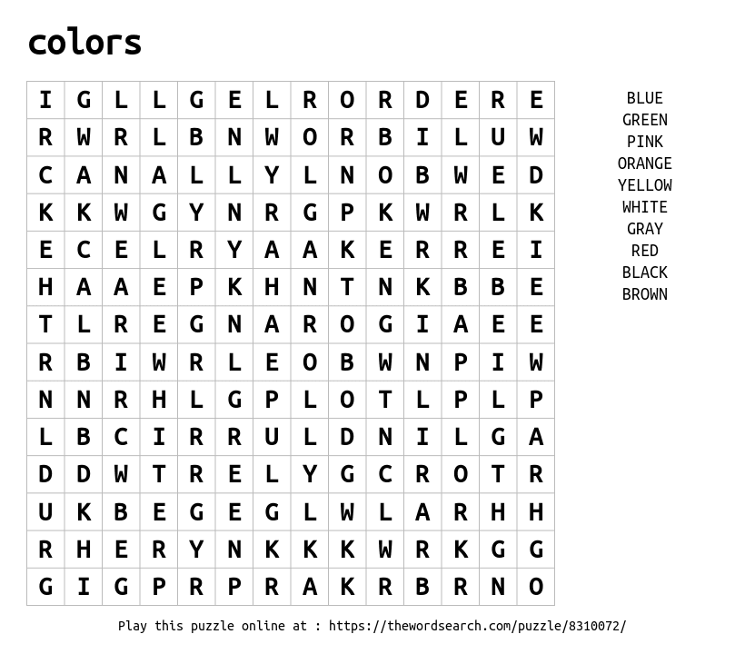 Word Search on colors