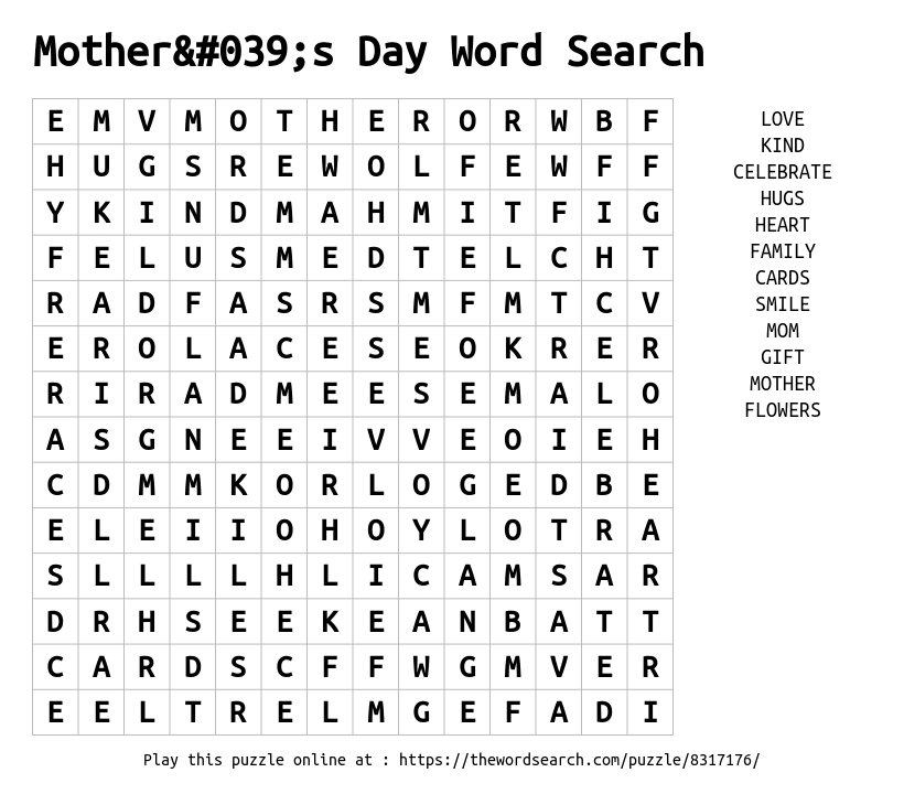 Word Search on Mother's Day Word Search