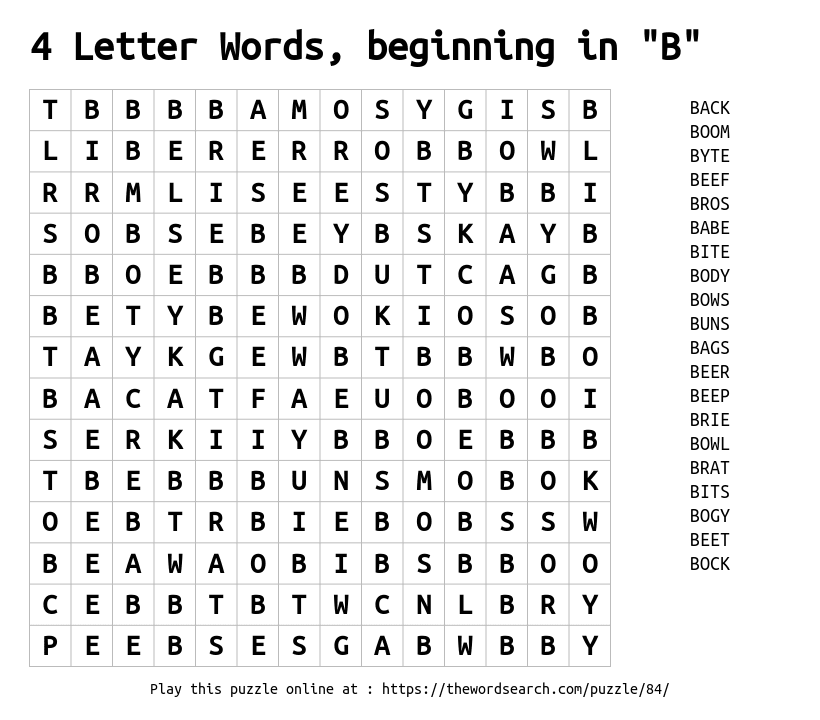 4 letter words beginning in b word search - Monster Word Search