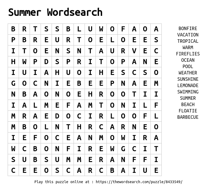 Word Search on Summer Wordsearch