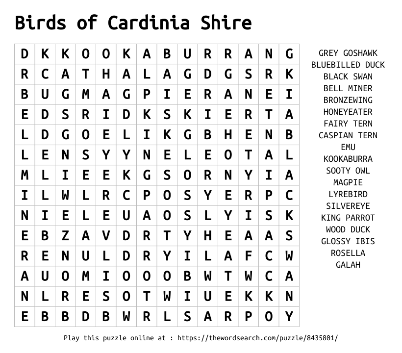 Word Search on Birds of Cardinia Shire