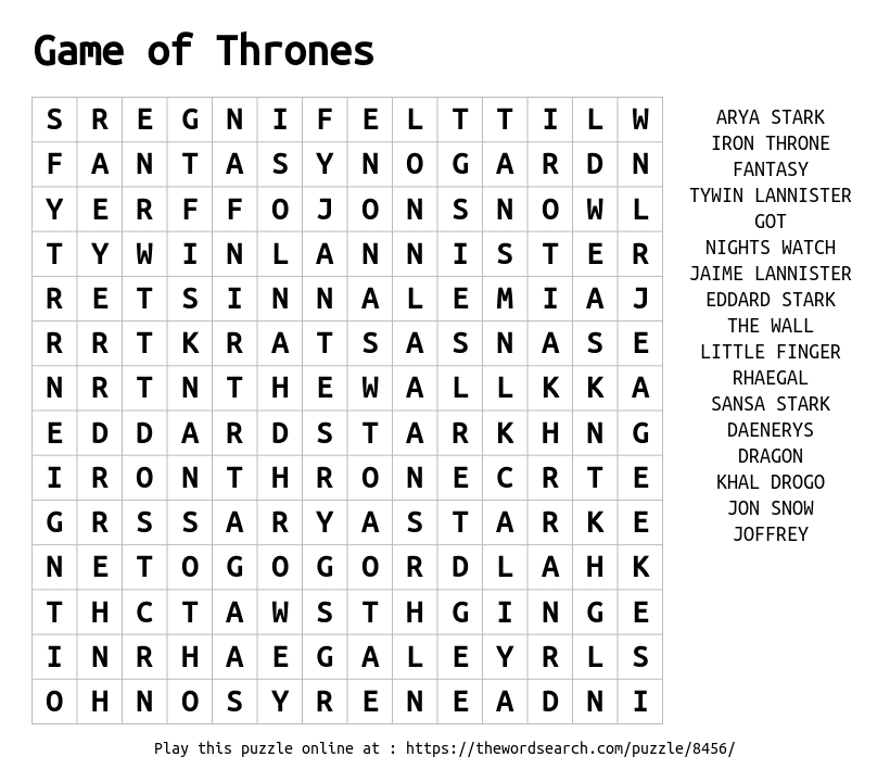 Download Word Search On Game Of Thrones