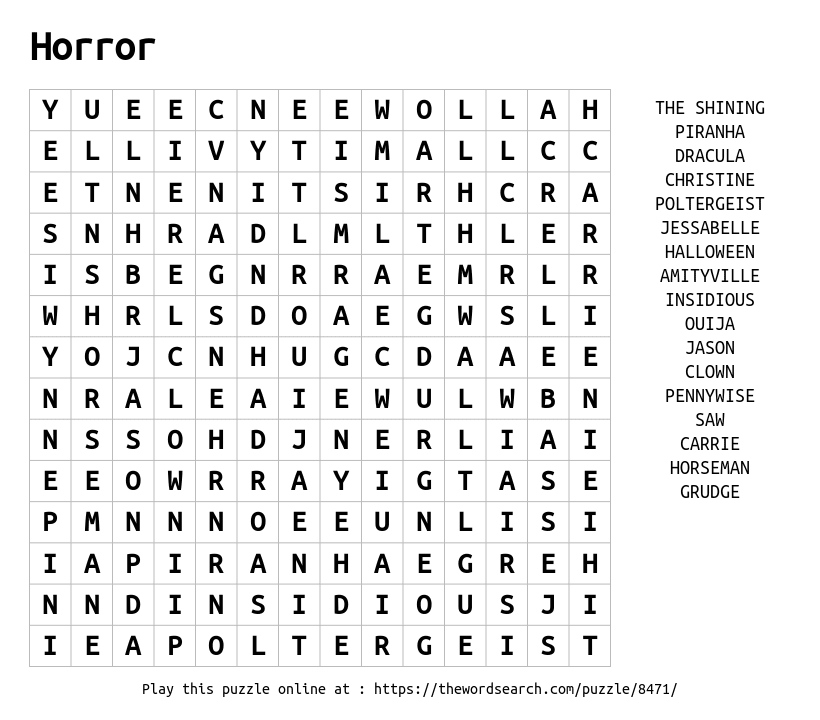 Word Search on Horror