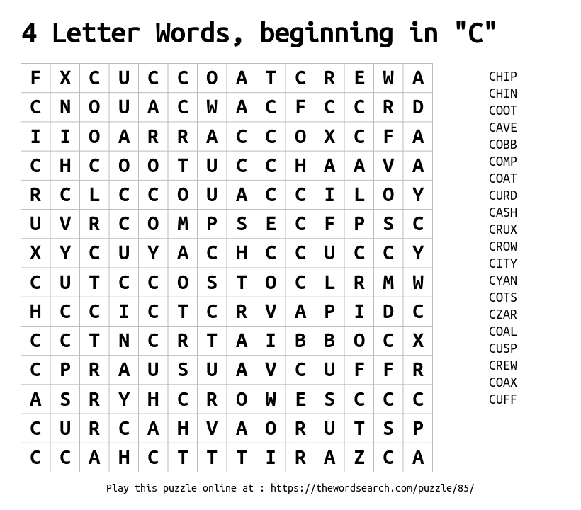 Download Word Search On 4 Letter Words Beginning In C