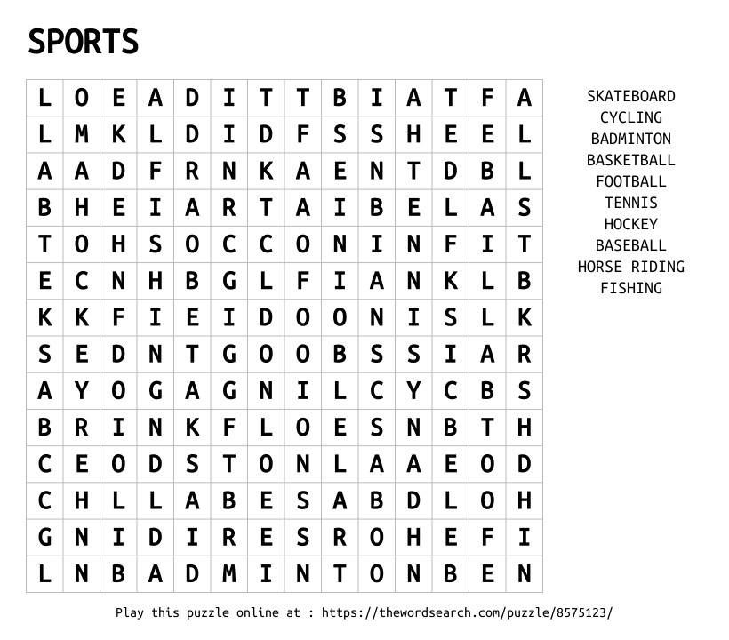SPORTS Word Search Sports word search