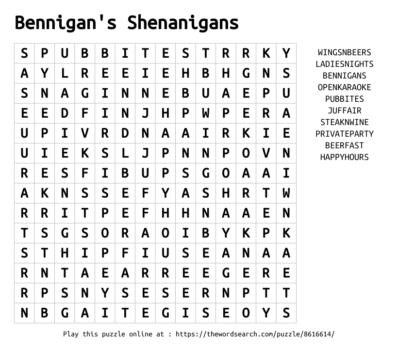 Word Search on Bennigan's Shenanigans
