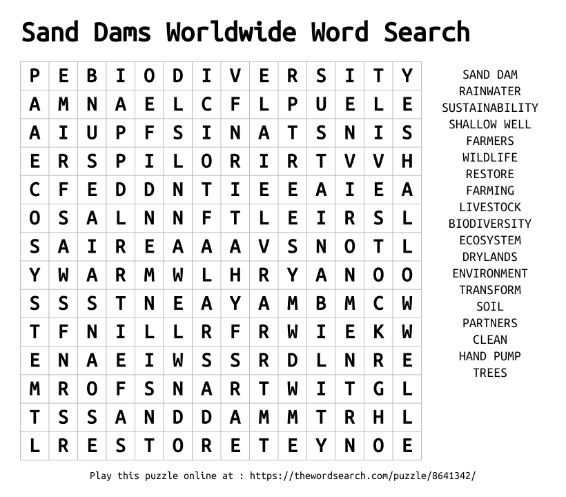 Word Search on Sand Dams Worldwide Word Search