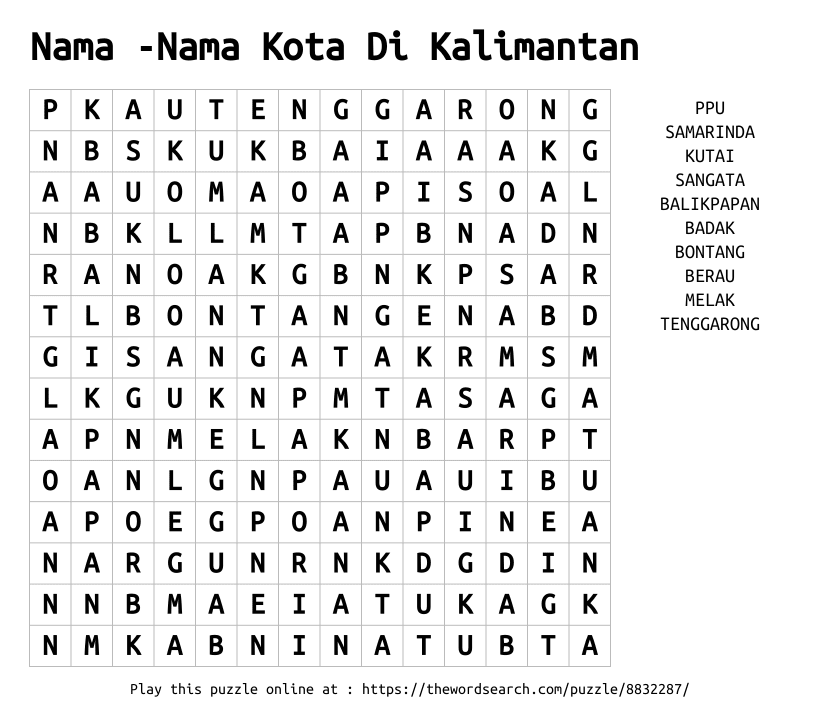 Word Search on Nama -Nama Kota Di Kalimantan