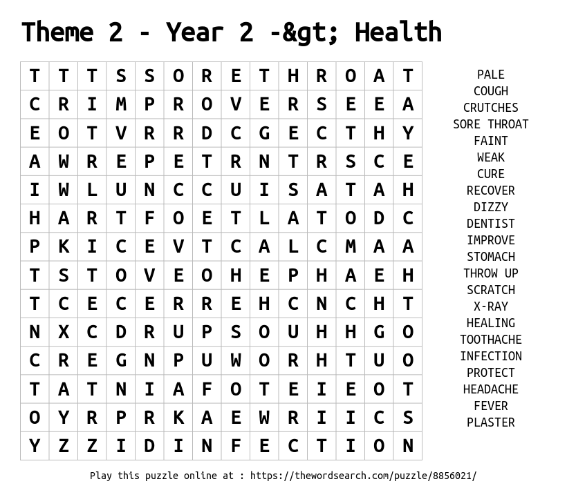 Word Search on Theme 2 - Year 2 -> Health