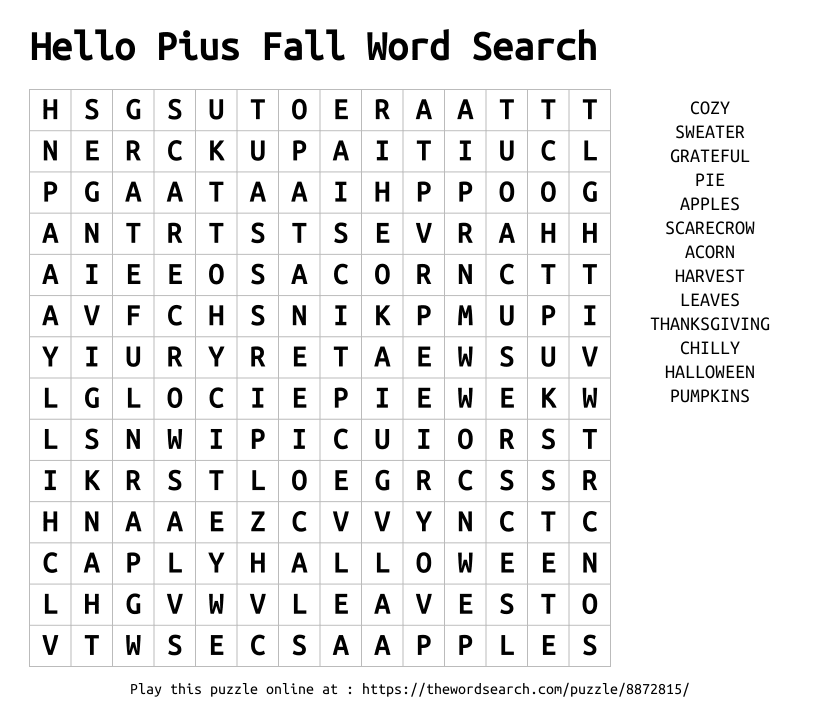 Word Search on Hello Pius Fall Word Search