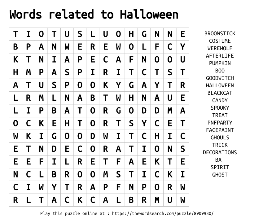 Word Search on Words related to Halloween